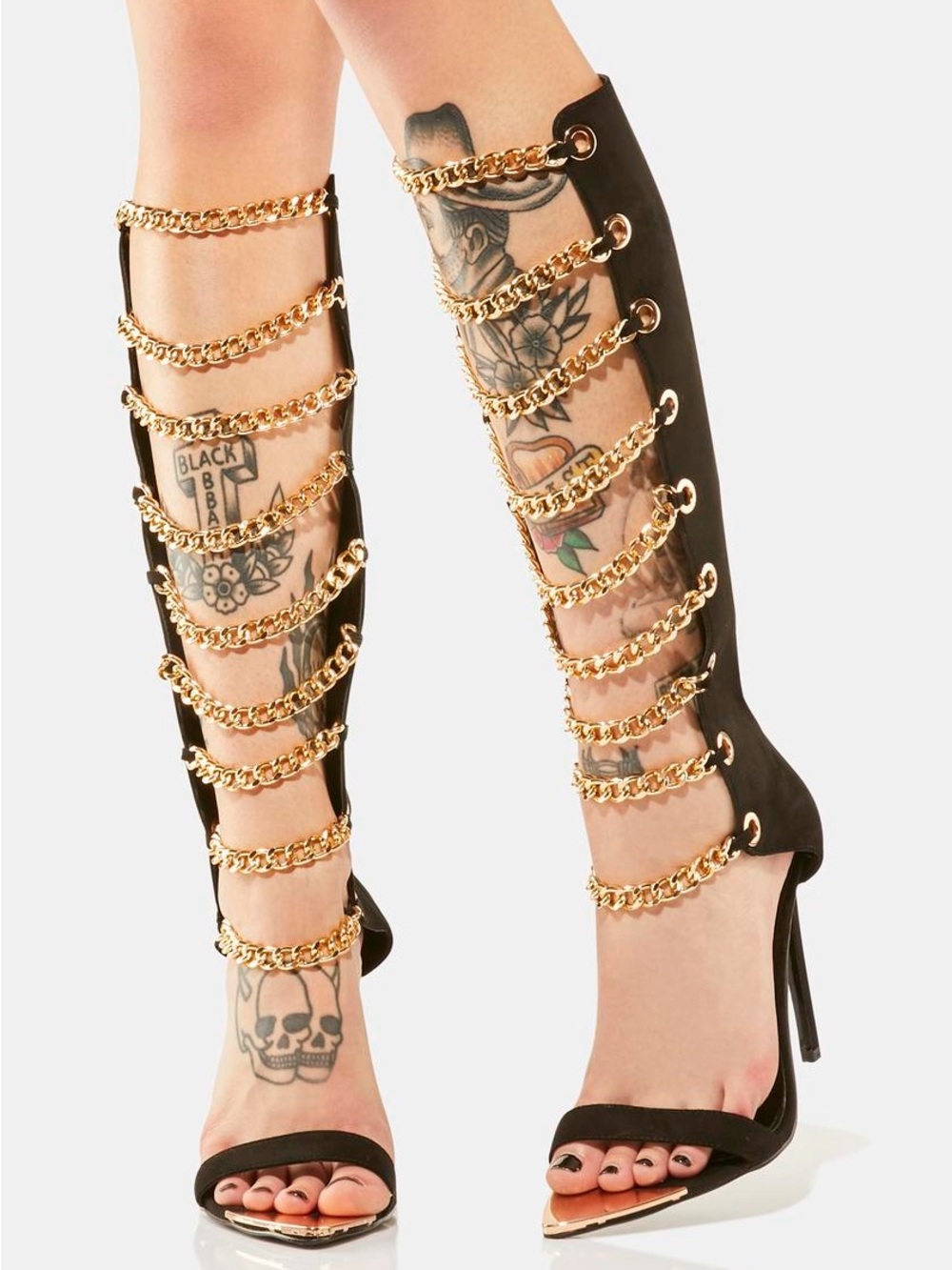 Black Knee-High Gladiator Heels with Gold Chain Straps